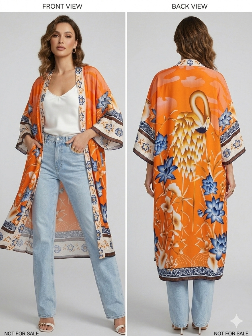 ​Boho Flamingo Lotus Print Maxi Kimono Robe Orange Blue One Size OS Duster